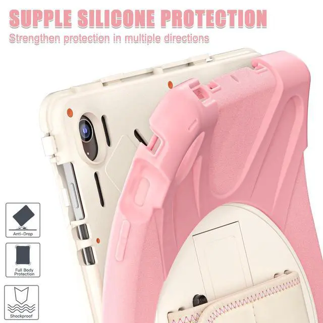 Alt view image 4 of 7 - Shockproof Kids Case with Pencil Holder, 360° Rotating Hand Strap, Stand & Shoulder Strap for Samsung Galaxy Tab S10 FE+ 13.1" 2025 (X620/X626B), Pink