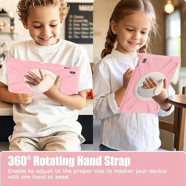 Alt view image 5 of 7 - Shockproof Kids Case with Pencil Holder, 360° Rotating Hand Strap, Stand & Shoulder Strap for Samsung Galaxy Tab S10 FE+ 13.1" 2025 (X620/X626B), Pink