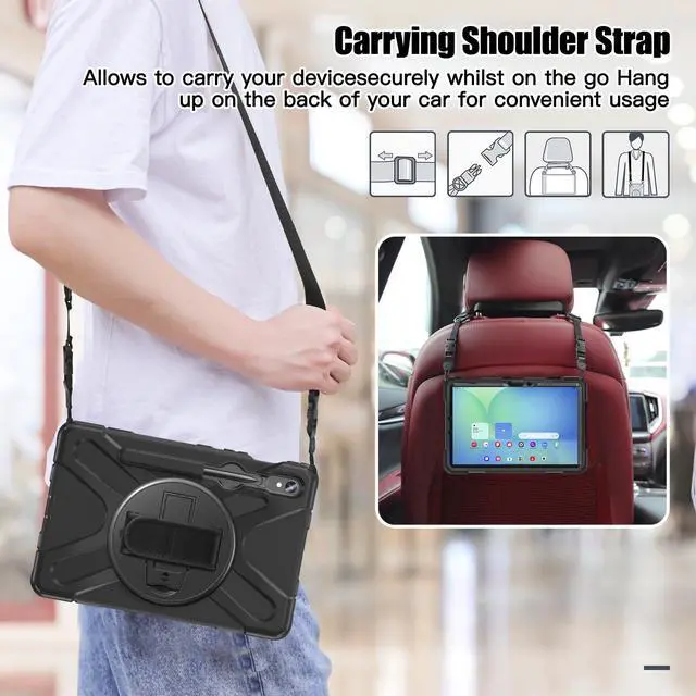 Alt view image 4 of 7 - Shockproof Kids Case with Pencil Holder, 360° Rotating Hand Strap & Shoulder Strap for Samsung Galaxy Tab S10 Lite / S10 FE / S9 FE 5G / S9 (10.9''/11''), Black
