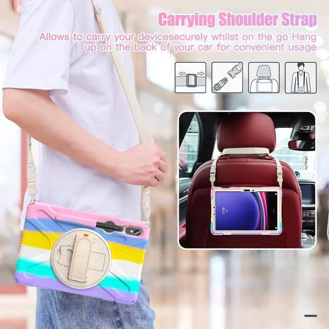 Alt view image 4 of 7 - Shockproof Kids Case with Pencil Holder, 360° Rotating Hand Strap & Shoulder Strap for Samsung Galaxy Tab S10 Lite / S10 FE / S9 FE 5G / S9 (10.9''/11''), Colorful Pink