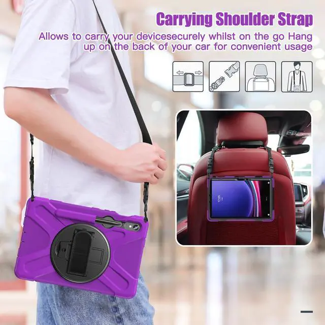 Alt view image 5 of 7 - Shockproof Kids Case with Pencil Holder, 360° Rotating Hand Strap & Shoulder Strap for Samsung Galaxy Tab S10 Lite / S10 FE / S9 FE 5G / S9 (10.9''/11''), Purple
