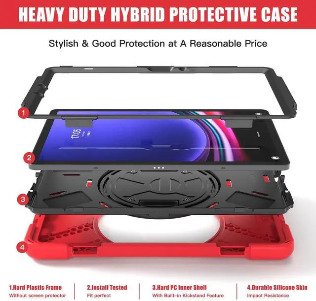 Alt view image 3 of 7 - Shockproof Kids Case with Pencil Holder, 360° Rotating Hand Strap & Shoulder Strap for Samsung Galaxy Tab S10 Lite / S10 FE / S9 FE 5G / S9 (10.9''/11''), Red