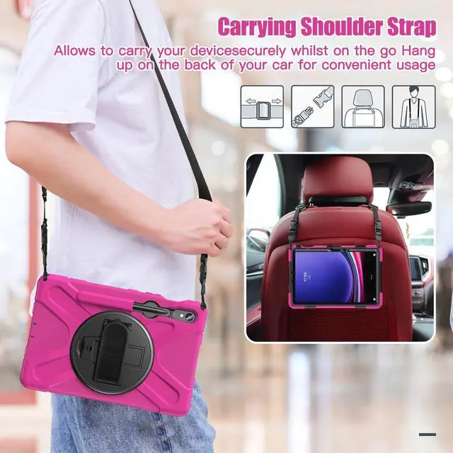 Alt view image 4 of 7 - Shockproof Kids Case with Pencil Holder, 360° Rotating Hand Strap & Shoulder Strap for Samsung Galaxy Tab S10 Lite / S10 FE / S9 FE 5G / S9 (10.9''/11''), Rose red