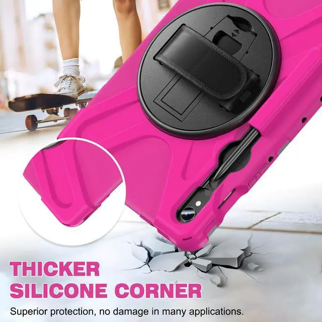 Alt view image 5 of 7 - Shockproof Kids Case with Pencil Holder, 360° Rotating Hand Strap & Shoulder Strap for Samsung Galaxy Tab S10 Lite / S10 FE / S9 FE 5G / S9 (10.9''/11''), Rose red