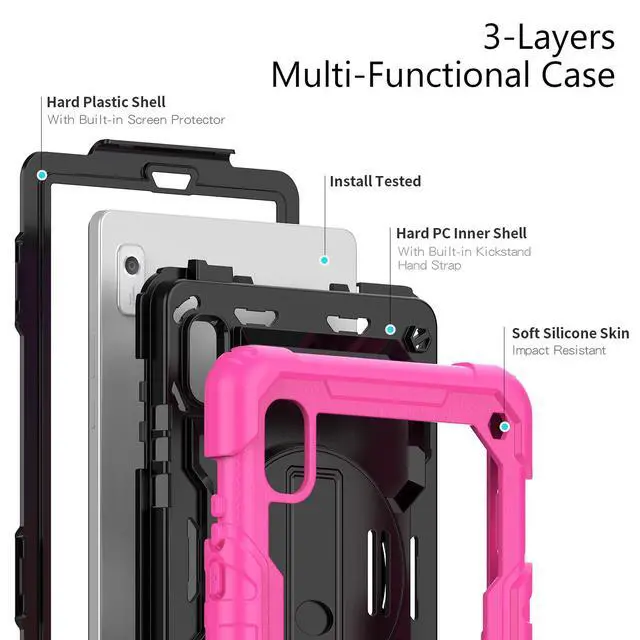Alt view image 3 of 7 - Heavy Duty Shockproof Case with Screen Protector, 360° Rotating Stand, Hand & Shoulder Strap for Lenovo Tab M9 9.0" (TB-310FU, 2023), Rose