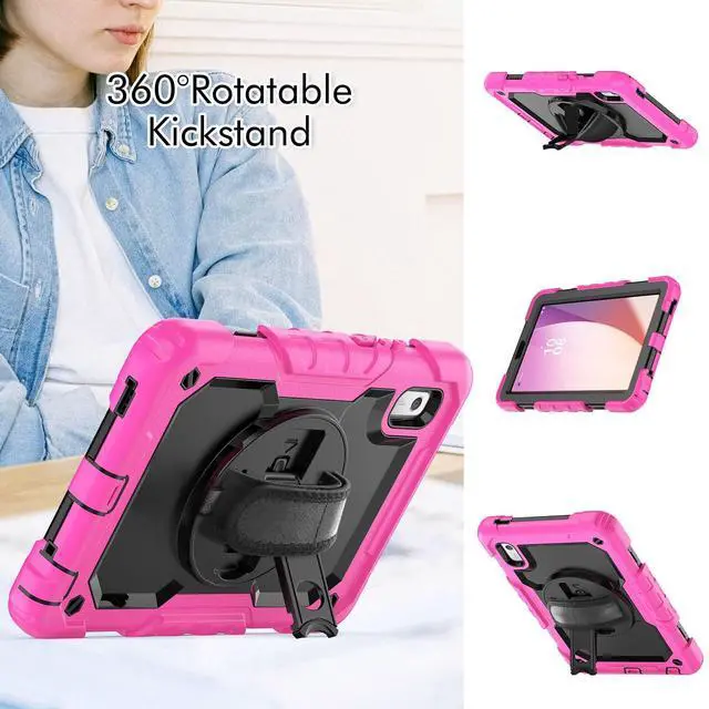 Alt view image 4 of 7 - Heavy Duty Shockproof Case with Screen Protector, 360° Rotating Stand, Hand & Shoulder Strap for Lenovo Tab M9 9.0" (TB-310FU, 2023), Rose