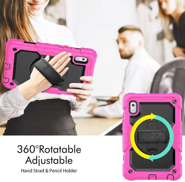 Alt view image 7 of 7 - Heavy Duty Shockproof Case with Screen Protector, 360° Rotating Stand, Hand & Shoulder Strap for Lenovo Tab M9 9.0" (TB-310FU, 2023), Rose