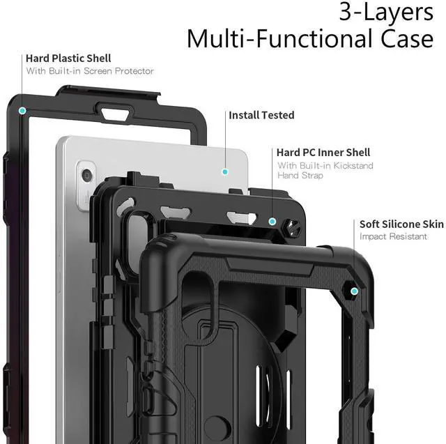 Alt view image 3 of 6 - Heavy Duty Shockproof Case with Screen Protector, 360° Rotating Stand, Hand & Shoulder Strap for Lenovo Tab M9 9.0" (TB-310FU, 2023), Black