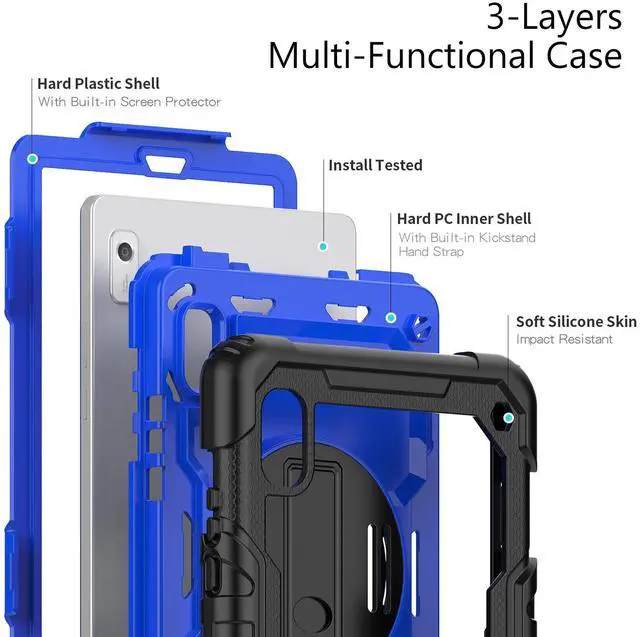 Alt view image 3 of 7 - Heavy Duty Shockproof Case with Screen Protector, 360° Rotating Stand, Hand & Shoulder Strap for Tab M9 9.0" (TB-310FU, 2023)BluePC