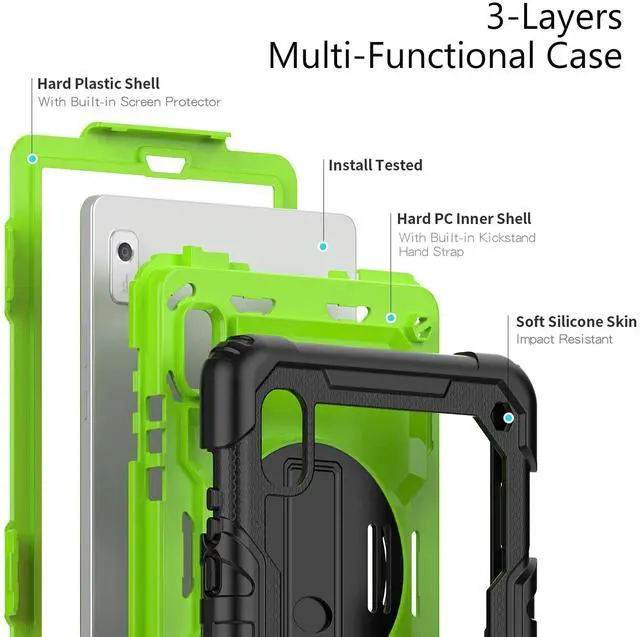 Alt view image 3 of 7 - Heavy Duty Shockproof Case with Screen Protector, 360° Rotating Stand, Hand & Shoulder Strap for Tab M9 9.0" (TB-310FU, 2023)GreenPC