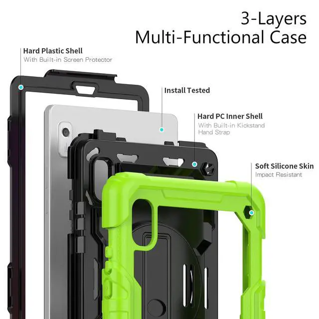 Alt view image 3 of 7 - Heavy Duty Shockproof Case with Screen Protector, 360° Rotating Stand, Hand & Shoulder Strap for Tab M9 9.0" (TB-310FU, 2023)Green