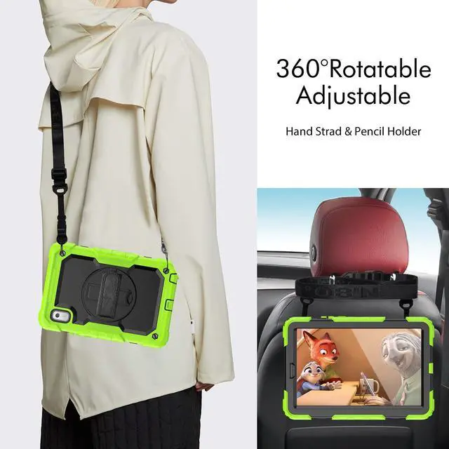 Alt view image 6 of 7 - Heavy Duty Shockproof Case with Screen Protector, 360° Rotating Stand, Hand & Shoulder Strap for Tab M9 9.0" (TB-310FU, 2023)Green