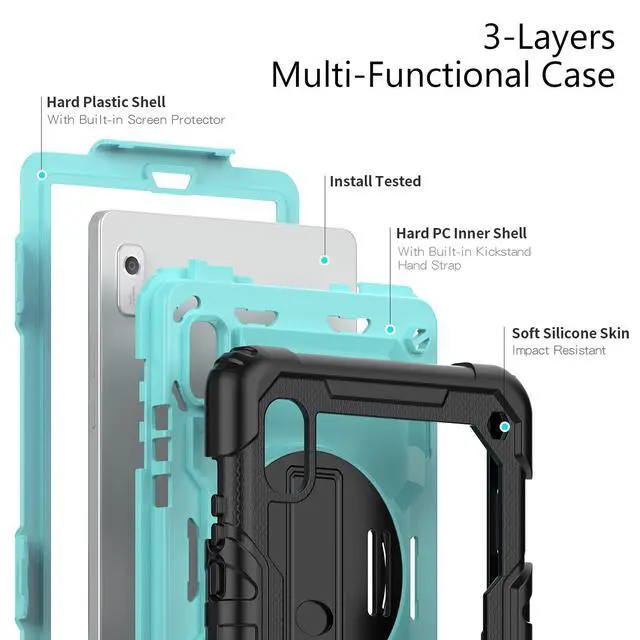 Alt view image 3 of 7 - Heavy Duty Shockproof Case with Screen Protector, 360° Rotating Stand, Hand & Shoulder Strap for Lenovo Tab M9 9.0" (TB-310FU, 2023), Light bluePC