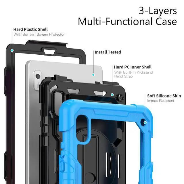 Alt view image 3 of 7 - Heavy Duty Shockproof Case with Screen Protector, 360° Rotating Stand, Hand & Shoulder Strap for Lenovo Tab M9 9.0" (TB-310FU, 2023), Light Blue