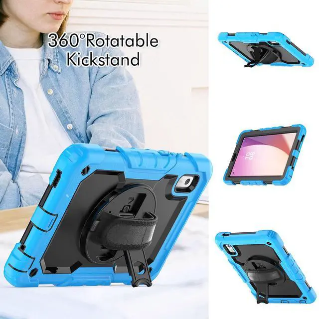 Alt view image 4 of 7 - Heavy Duty Shockproof Case with Screen Protector, 360° Rotating Stand, Hand & Shoulder Strap for Lenovo Tab M9 9.0" (TB-310FU, 2023), Light Blue