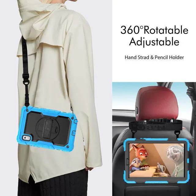 Alt view image 6 of 7 - Heavy Duty Shockproof Case with Screen Protector, 360° Rotating Stand, Hand & Shoulder Strap for Lenovo Tab M9 9.0" (TB-310FU, 2023), Light Blue