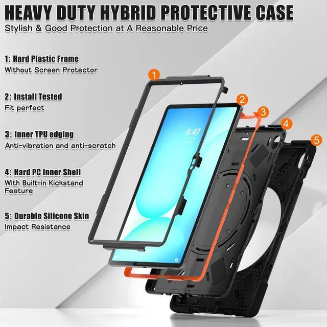 Alt view image 3 of 7 - Rugged Silicone Cover with Handle Grip, 360° Kickstand, Strap & S Pen Holder for Samsung Galaxy Tab S10 FE+ 13.1 Inch 2025 (X620/X626B), Black