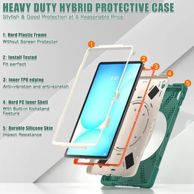 Alt view image 3 of 7 - Rugged Silicone Cover with Handle Grip, 360° Kickstand, Strap & S Pen Holder for Samsung Galaxy Tab S10 FE+ 13.1 Inch 2025 (X620/X626B), Emerald Green