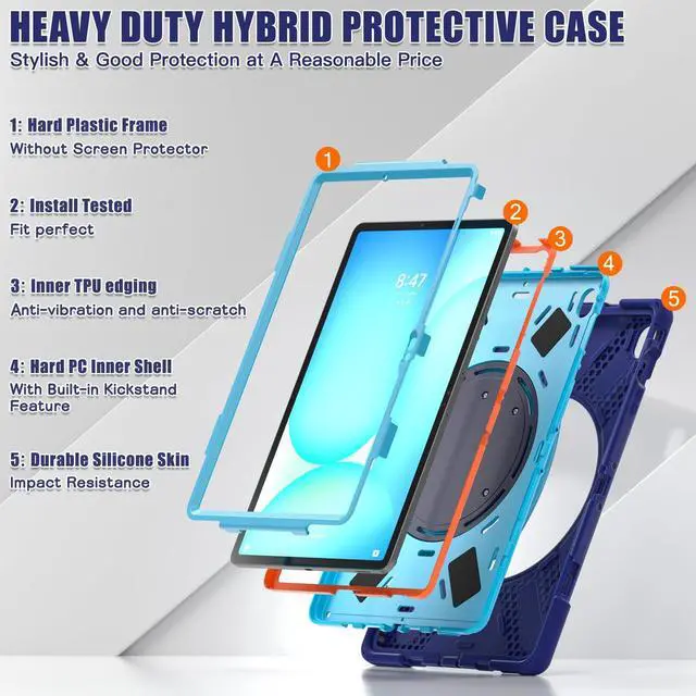 Alt view image 3 of 7 - Rugged Silicone Cover with Handle Grip, 360° Kickstand, Strap & S Pen Holder for Samsung Galaxy Tab S10 FE+ 13.1 Inch 2025 (X620/X626B), Navy Blue