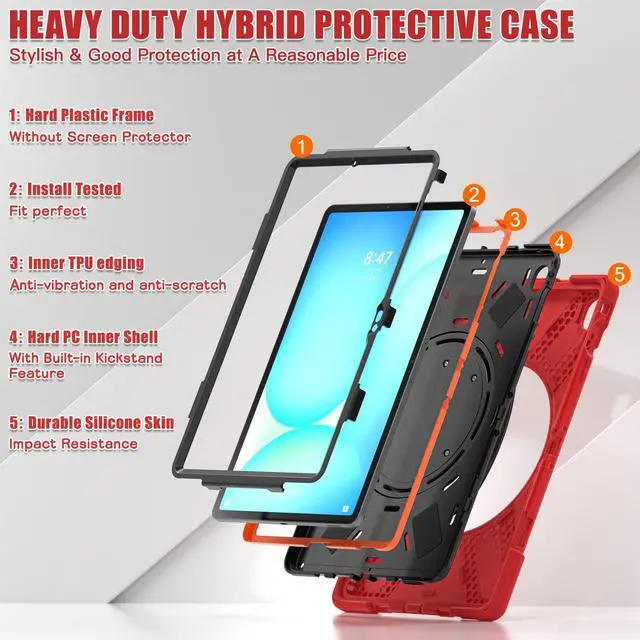 Alt view image 3 of 7 - Rugged Silicone Cover with Handle Grip, 360° Kickstand, Strap & S Pen Holder for Samsung Galaxy Tab S10 FE+ 13.1 Inch 2025 (X620/X626B), Red