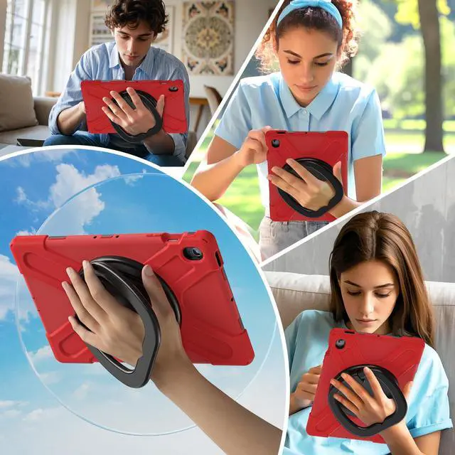 Alt view image 6 of 7 - Rugged Silicone Cover with Handle Grip, 360° Kickstand, Strap & S Pen Holder for Samsung Galaxy Tab S10 FE+ 13.1 Inch 2025 (X620/X626B), Red