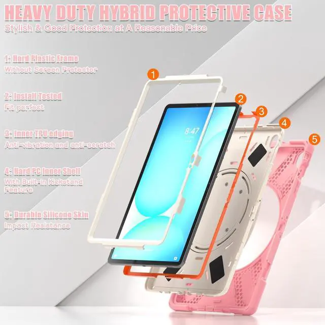 Alt view image 3 of 7 - Rugged Silicone Cover with Handle Grip, 360° Kickstand, Strap & S Pen Holder for Samsung Galaxy Tab S10 FE+ 13.1 Inch 2025 (X620/X626B), Pink