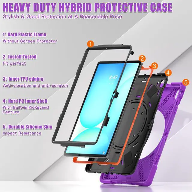 Alt view image 3 of 7 - Rugged Silicone Cover with Handle Grip, 360° Kickstand, Strap & S Pen Holder for Samsung Galaxy Tab S10 FE+ 13.1 Inch 2025 (X620/X626B), Purple