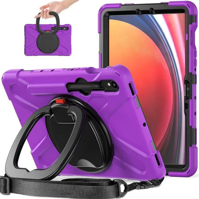 Main image of Rugged Silicone Cover with Handle Grip, 360° Kickstand, Strap & S Pen Holder for Samsung Galaxy Tab S10 Lite / S10 FE / S9 FE 10.9" / Tab S9 11", Purple