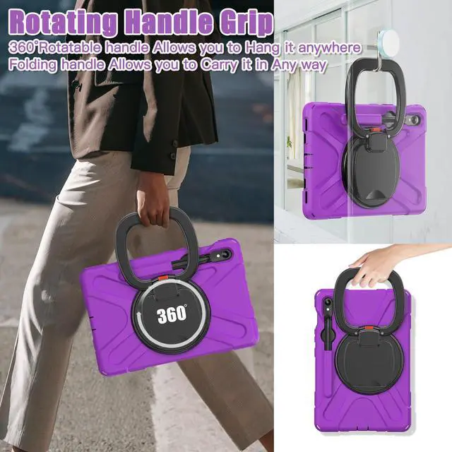 Alt view image 5 of 7 - Rugged Silicone Cover with Handle Grip, 360° Kickstand, Strap & S Pen Holder for Samsung Galaxy Tab S10 Lite / S10 FE / S9 FE 10.9" / Tab S9 11", Purple