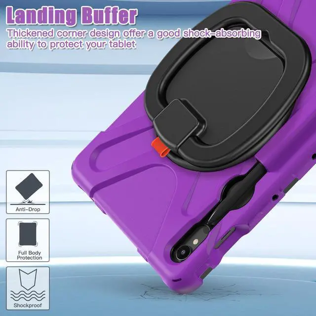 Alt view image 7 of 7 - Rugged Silicone Cover with Handle Grip, 360° Kickstand, Strap & S Pen Holder for Samsung Galaxy Tab S10 Lite / S10 FE / S9 FE 10.9" / Tab S9 11", Purple