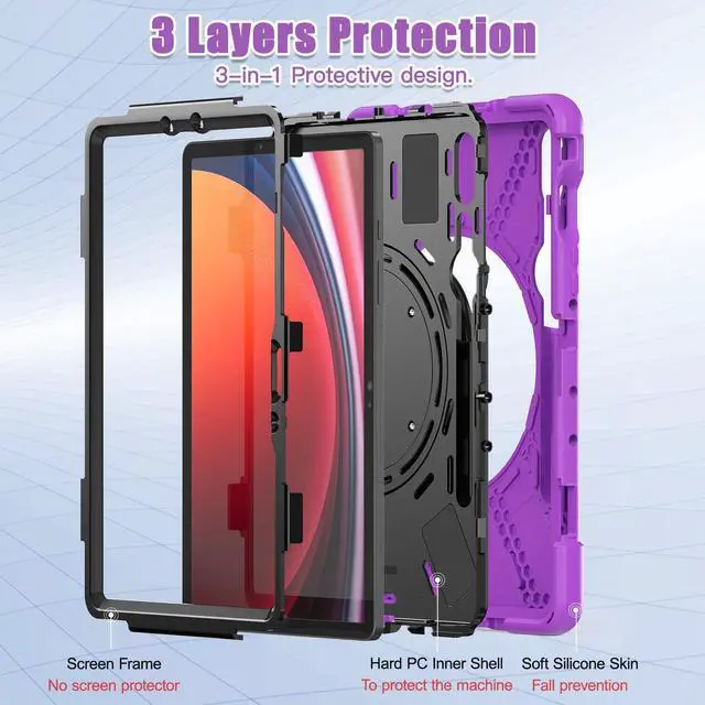 Alt view image 3 of 7 - Rugged Silicone Cover with Handle Grip, 360° Kickstand, Strap & S Pen Holder for Samsung Galaxy Tab S10 Lite / S10 FE / S9 FE 10.9" / Tab S9 11", Purple