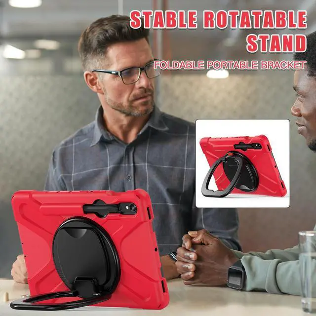 Alt view image 4 of 7 - Rugged Silicone Cover with Handle Grip, 360° Kickstand, Strap & S Pen Holder for Samsung Galaxy Tab S10 Lite / S10 FE / S9 FE 10.9" / Tab S9 11",Red