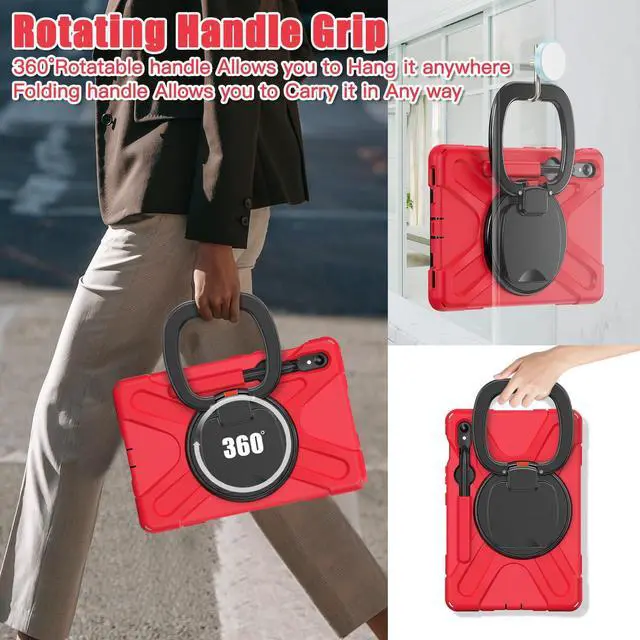 Alt view image 5 of 7 - Rugged Silicone Cover with Handle Grip, 360° Kickstand, Strap & S Pen Holder for Samsung Galaxy Tab S10 Lite / S10 FE / S9 FE 10.9" / Tab S9 11",Red