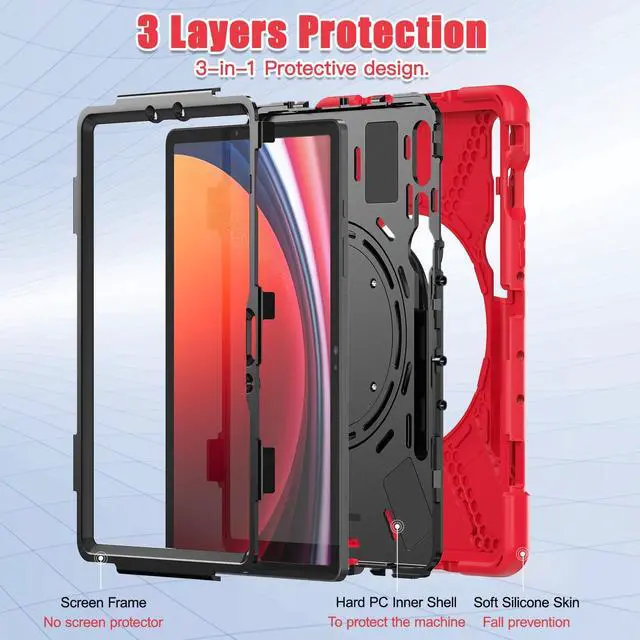 Alt view image 3 of 7 - Rugged Silicone Cover with Handle Grip, 360° Kickstand, Strap & S Pen Holder for Samsung Galaxy Tab S10 Lite / S10 FE / S9 FE 10.9" / Tab S9 11",Red