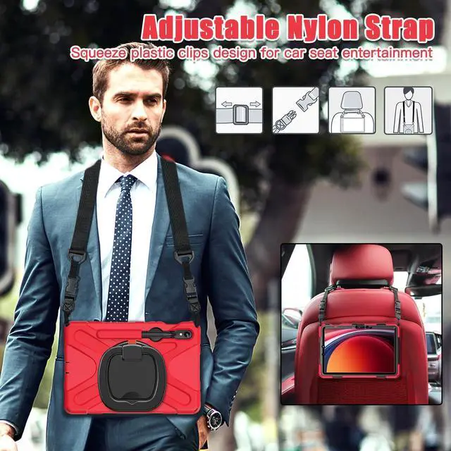 Alt view image 6 of 7 - Rugged Silicone Cover with Handle Grip, 360° Kickstand, Strap & S Pen Holder for Samsung Galaxy Tab S10 Lite / S10 FE / S9 FE 10.9" / Tab S9 11",Red