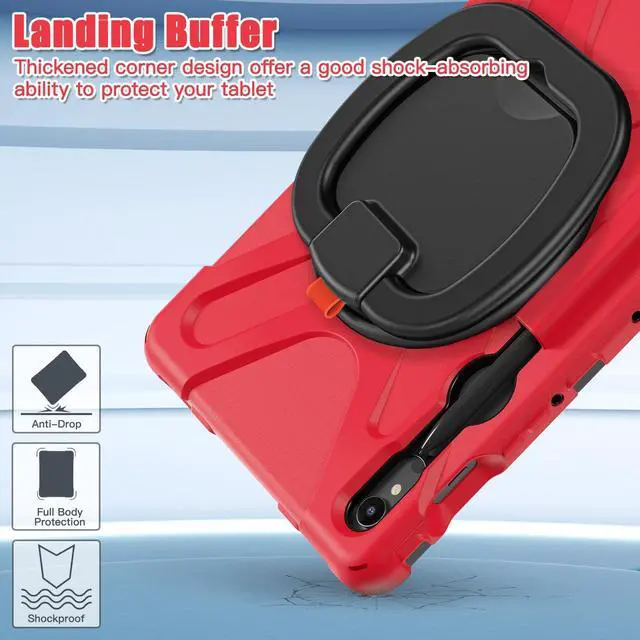 Alt view image 7 of 7 - Rugged Silicone Cover with Handle Grip, 360° Kickstand, Strap & S Pen Holder for Samsung Galaxy Tab S10 Lite / S10 FE / S9 FE 10.9" / Tab S9 11",Red