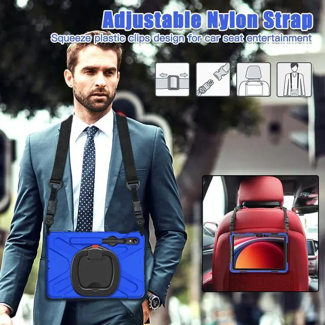 Alt view image 6 of 7 - Rugged Silicone Cover with Handle Grip, 360° Kickstand, Strap & S Pen Holder for Samsung Galaxy Tab S10 Lite / S10 FE / S9 FE 10.9" / Tab S9 11",Blue