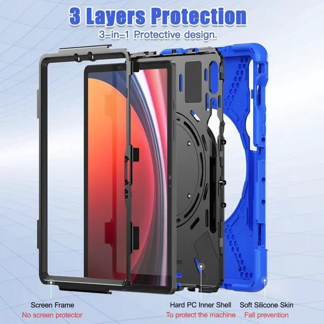 Alt view image 3 of 7 - Rugged Silicone Cover with Handle Grip, 360° Kickstand, Strap & S Pen Holder for Samsung Galaxy Tab S10 Lite / S10 FE / S9 FE 10.9" / Tab S9 11",Blue
