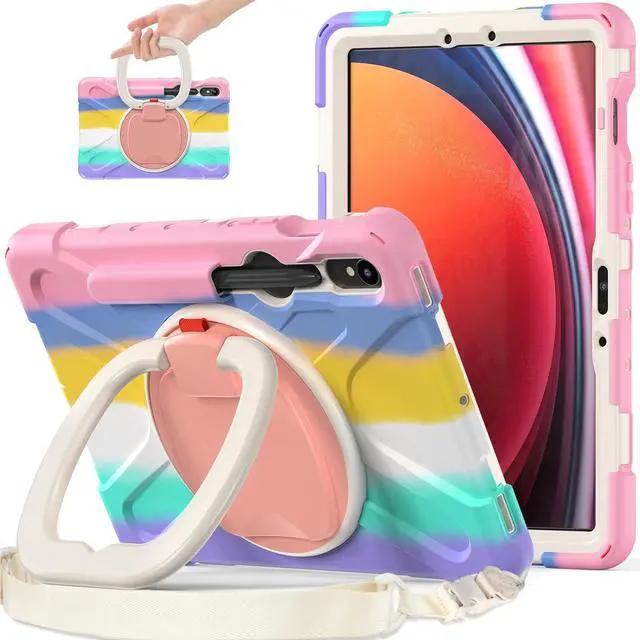 Main image of Rugged Silicone Cover with Handle Grip, 360° Kickstand, Strap & S Pen Holder for Samsung Galaxy Tab S10 Lite / S10 FE / S9 FE 10.9" / Tab S9 11",Colorful Pink
