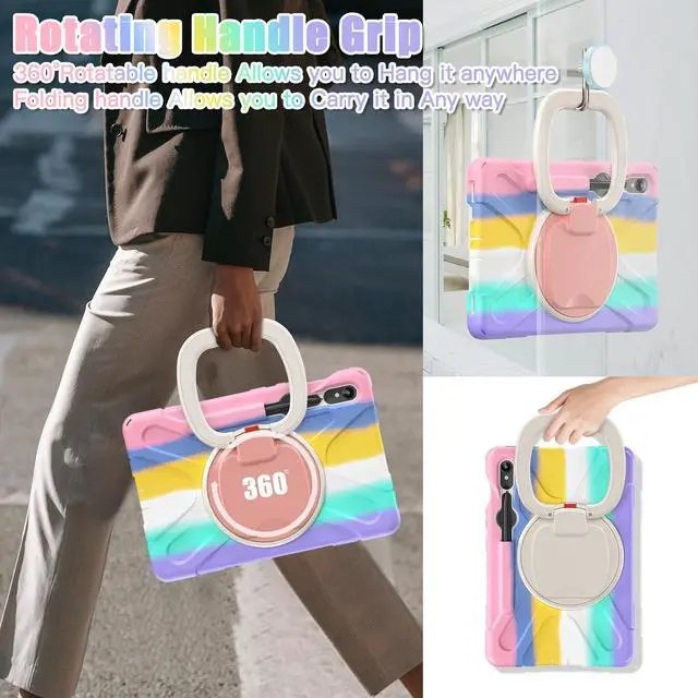 Alt view image 5 of 7 - Rugged Silicone Cover with Handle Grip, 360° Kickstand, Strap & S Pen Holder for Samsung Galaxy Tab S10 Lite / S10 FE / S9 FE 10.9" / Tab S9 11",Colorful Pink