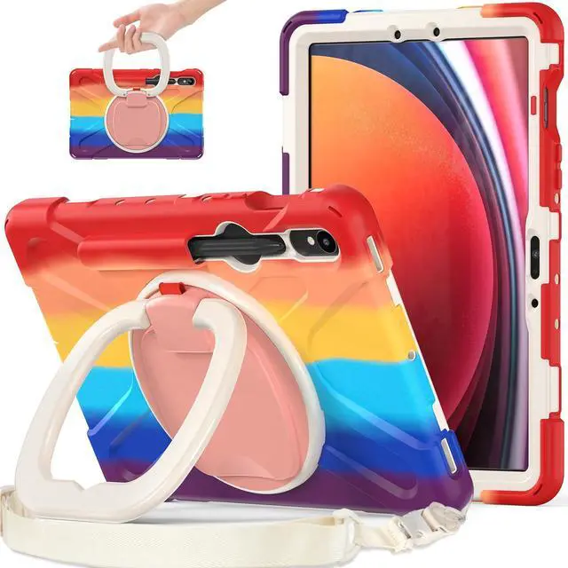Main image of Rugged Silicone Cover with Handle Grip, 360° Kickstand, Strap & S Pen Holder for Samsung Galaxy Tab S10 Lite / S10 FE / S9 FE 10.9" / Tab S9 11",Colorful red