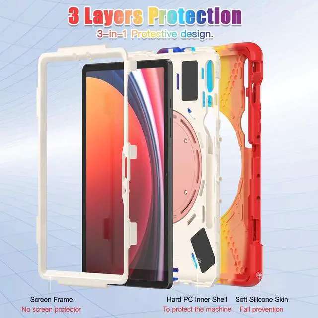 Alt view image 3 of 7 - Rugged Silicone Cover with Handle Grip, 360° Kickstand, Strap & S Pen Holder for Samsung Galaxy Tab S10 Lite / S10 FE / S9 FE 10.9" / Tab S9 11",Colorful red
