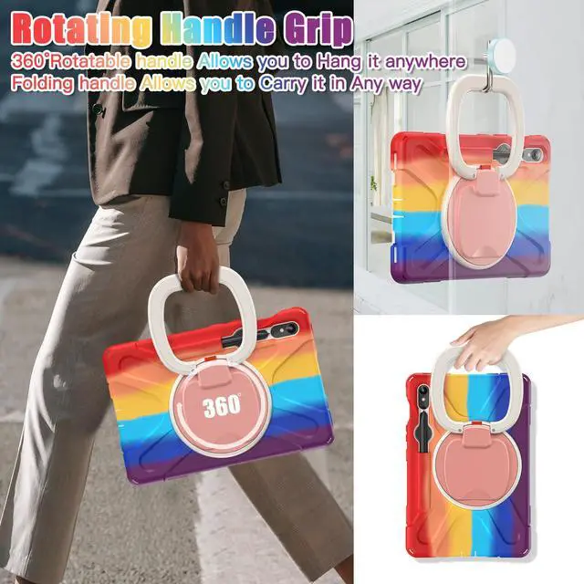 Alt view image 5 of 7 - Rugged Silicone Cover with Handle Grip, 360° Kickstand, Strap & S Pen Holder for Samsung Galaxy Tab S10 Lite / S10 FE / S9 FE 10.9" / Tab S9 11",Colorful red