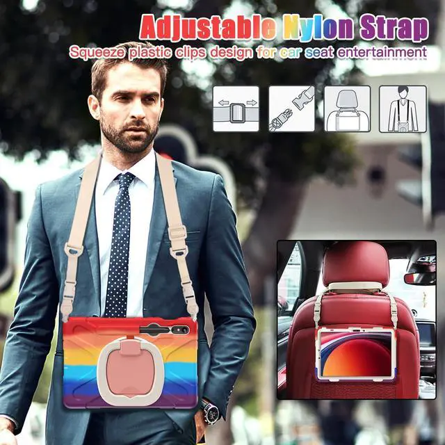 Alt view image 6 of 7 - Rugged Silicone Cover with Handle Grip, 360° Kickstand, Strap & S Pen Holder for Samsung Galaxy Tab S10 Lite / S10 FE / S9 FE 10.9" / Tab S9 11",Colorful red