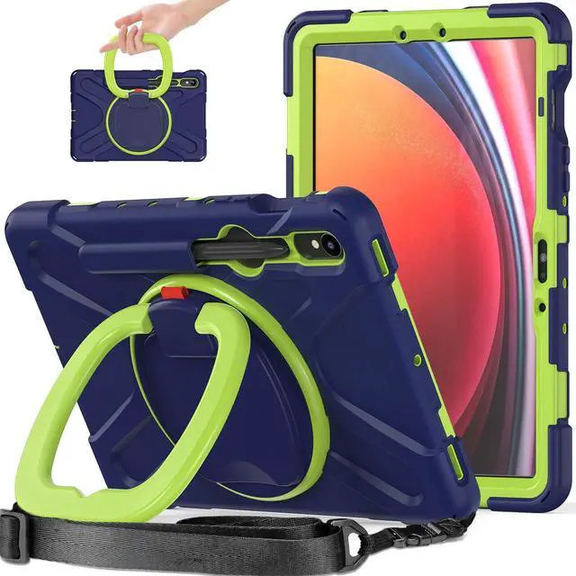 Main image of Rugged Silicone Cover with Handle Grip, 360° Kickstand, Strap & S Pen Holder for Samsung Galaxy Tab S10 Lite / S10 FE / S9 FE 10.9" / Tab S9 11",Navy Green