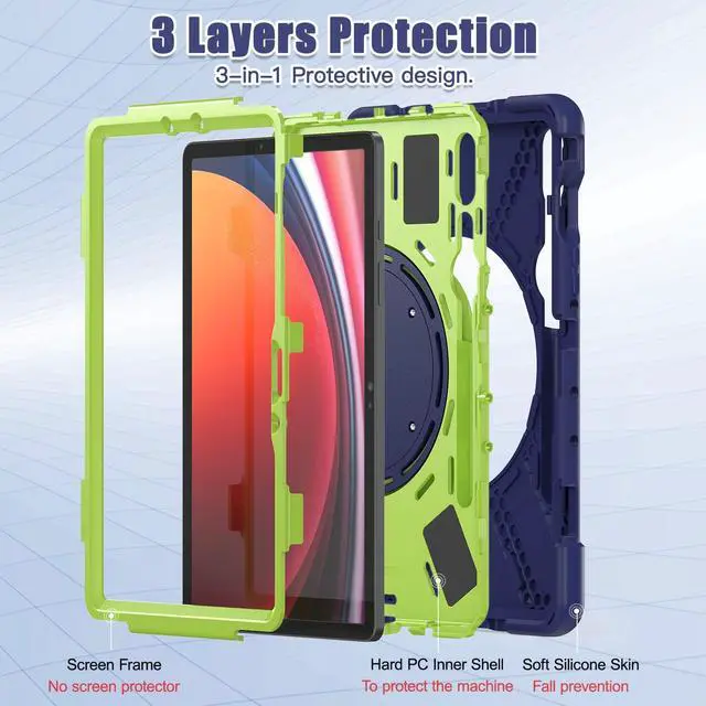 Alt view image 3 of 7 - Rugged Silicone Cover with Handle Grip, 360° Kickstand, Strap & S Pen Holder for Samsung Galaxy Tab S10 Lite / S10 FE / S9 FE 10.9" / Tab S9 11",Navy Green