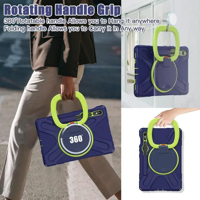 Alt view image 5 of 7 - Rugged Silicone Cover with Handle Grip, 360° Kickstand, Strap & S Pen Holder for Samsung Galaxy Tab S10 Lite / S10 FE / S9 FE 10.9" / Tab S9 11",Navy Green
