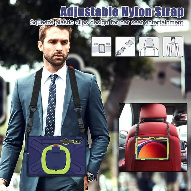 Alt view image 6 of 7 - Rugged Silicone Cover with Handle Grip, 360° Kickstand, Strap & S Pen Holder for Samsung Galaxy Tab S10 Lite / S10 FE / S9 FE 10.9" / Tab S9 11",Navy Green