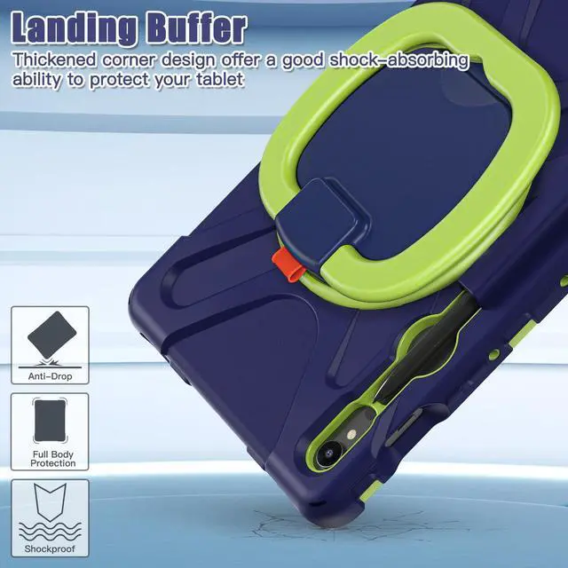 Alt view image 7 of 7 - Rugged Silicone Cover with Handle Grip, 360° Kickstand, Strap & S Pen Holder for Samsung Galaxy Tab S10 Lite / S10 FE / S9 FE 10.9" / Tab S9 11",Navy Green