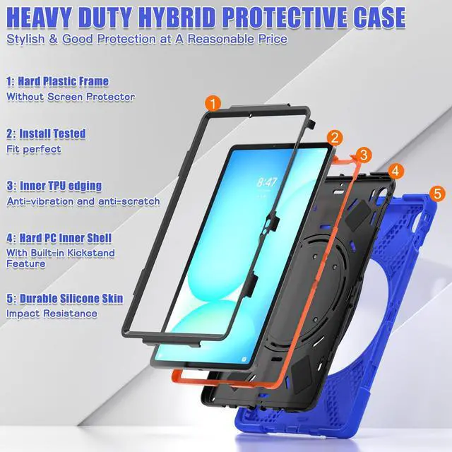 Alt view image 3 of 7 - Rugged Silicone Cover with Handle Grip, 360° Kickstand, Strap & S Pen Holder for Samsung Galaxy Tab S10 FE+ 13.1 Inch 2025 (X620/X626B), Blue